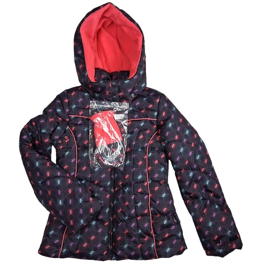 London Fog Girls 14 16 Gray Pink Aqua Puffer Jacket Fleece Hood Mittens NWOT